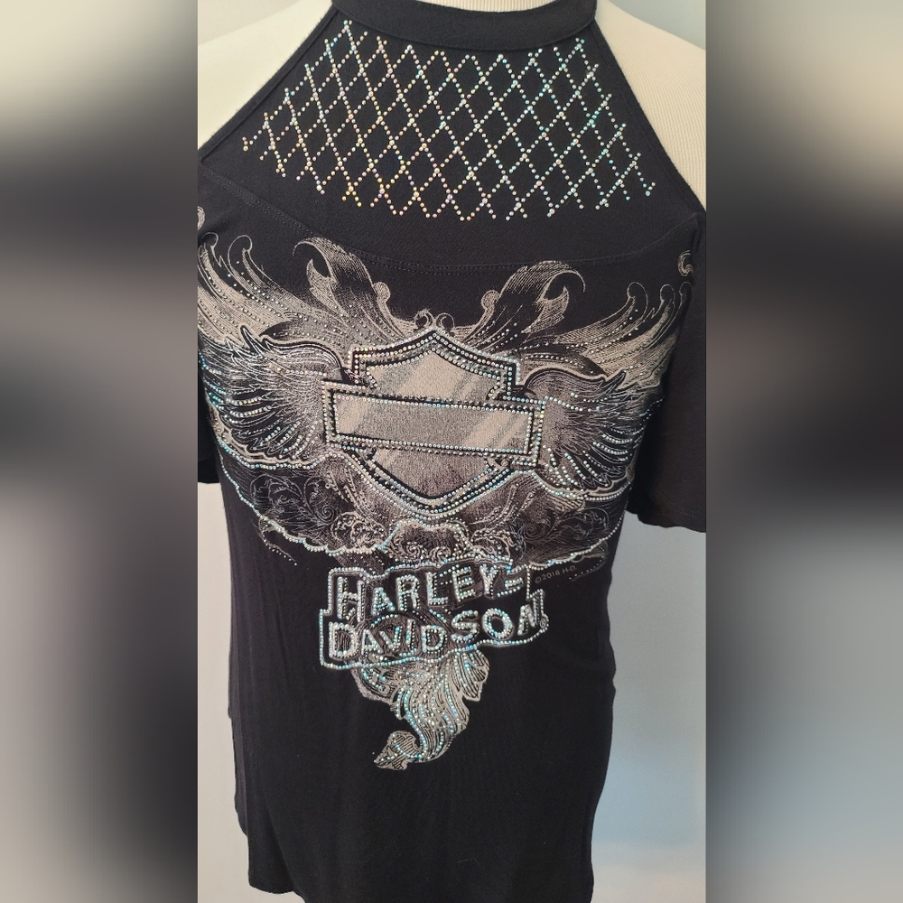 Harley-Davidson Black Tee with Metallic Silver & Holographic Accents